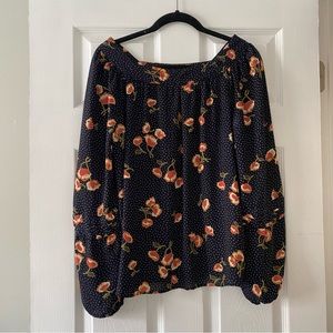 Navy blue blouse with orange flowers